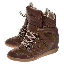 Isabel Marant Brown Leather and Suede Bekett Wedge Sneakers Size 38
