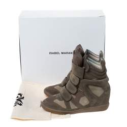 Pre Owned Isabel Marant Olive Green Suede And Leather Trim Bekett Wedge Sneakers Size 37