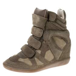 Isabel Marant Olive Green Suede And Leather Trim Bekett Wedge Sneakers Size 37