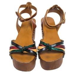 Pre Owned Isabel Marant Multicolor Leather Zia Wooden Wedge Ankle Strap Sandals Size 37