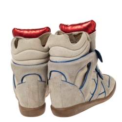 Pre Owned Isabel Marant Grey Suede with Metalllic Blue/Red Leather Trim Bekett Wedge Sneakers Size 39