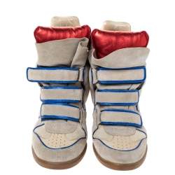 Pre Owned Isabel Marant Grey Suede with Metalllic Blue/Red Leather Trim Bekett Wedge Sneakers Size 39