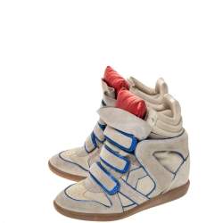 Pre Owned Isabel Marant Grey Suede with Metalllic Blue/Red Leather Trim Bekett Wedge Sneakers Size 39