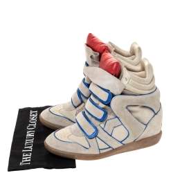 Pre Owned Isabel Marant Grey Suede with Metalllic Blue/Red Leather Trim Bekett Wedge Sneakers Size 39