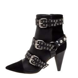 Isabel Marant Black Suede And Leather Eyelet Embellished Lysett Ankle Boots Size 39