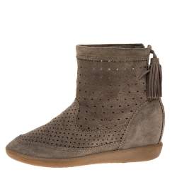 Pre Owned Isabel Marant Grey Cutout Suede Tassel Embellished "Beslay" Wedge Ankle Boots Size 38