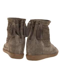 Pre Owned Isabel Marant Grey Cutout Suede Tassel Embellished "Beslay" Wedge Ankle Boots Size 38