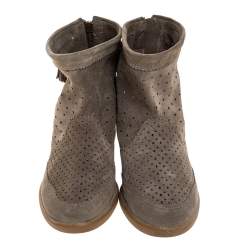Pre Owned Isabel Marant Grey Cutout Suede Tassel Embellished "Beslay" Wedge Ankle Boots Size 38