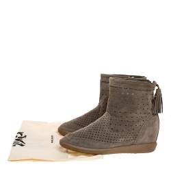 Pre Owned Isabel Marant Grey Cutout Suede Tassel Embellished "Beslay" Wedge Ankle Boots Size 38