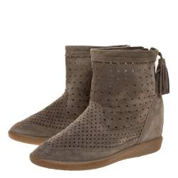 Pre Owned Isabel Marant Grey Cutout Suede Tassel Embellished "Beslay" Wedge Ankle Boots Size 38