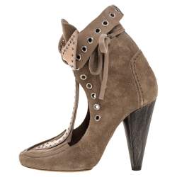 Pre Owned Isabel Marant Khaki Brown Suede Milla Bow Tie Loafer Ankle Boots Size 38