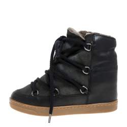 Pre Owned Isabel Marant Black Suede And Leather Nowels Wedge High Top Sneakers Size 38