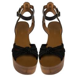 Pre Owned Isabel Marant Black Leather and Jute Zia Wooden Wedge Ankle Strap Sandals Size 37