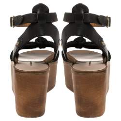 Pre Owned Isabel Marant Black Leather and Jute Zia Wooden Wedge Ankle Strap Sandals Size 37