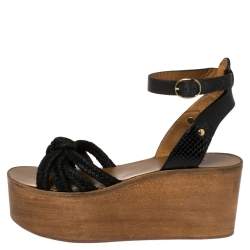 Pre Owned Isabel Marant Black Leather and Jute Zia Wooden Wedge Ankle Strap Sandals Size 37
