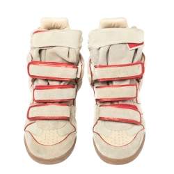 Pre Owned Isabel Marant Grey Suede with Metallic Red Leather Trim Bekett Wedge Sneakers Size 36