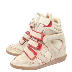 Pre Owned Isabel Marant Grey Suede with Metallic Red Leather Trim Bekett Wedge Sneakers Size 36