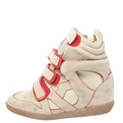 Pre Owned Isabel Marant Grey Suede with Metallic Red Leather Trim Bekett Wedge Sneakers Size 36