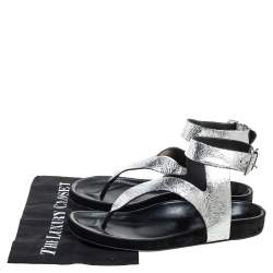 Pre Owned Isabel Marant Silver Leather Flat Ankle Strap Sandals Size 41