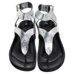 Pre Owned Isabel Marant Silver Leather Flat Ankle Strap Sandals Size 41