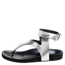 Pre Owned Isabel Marant Silver Leather Flat Ankle Strap Sandals Size 41