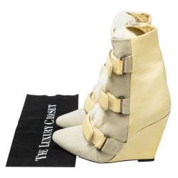 Pre Owned Isabel Marant Cream Leather, Suede, And Calf Hair Pierce Wedge Ankle Boots Size 37