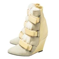 Pre Owned Isabel Marant Cream Leather, Suede, And Calf Hair Pierce Wedge Ankle Boots Size 37
