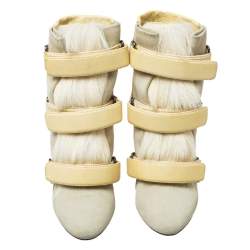 Pre Owned Isabel Marant Cream Leather, Suede, And Calf Hair Pierce Wedge Ankle Boots Size 37