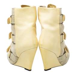 Pre Owned Isabel Marant Cream Leather, Suede, And Calf Hair Pierce Wedge Ankle Boots Size 37