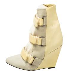Pre Owned Isabel Marant Cream Leather, Suede, And Calf Hair Pierce Wedge Ankle Boots Size 37