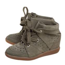 Pre Owned Isabel Marant Olive Green Suede Bobby Wedge Sneakers Size 37