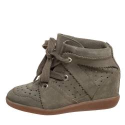 Pre Owned Isabel Marant Olive Green Suede Bobby Wedge Sneakers Size 37