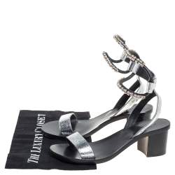 Pre Owned Isabel Marant Silver Crackle Leather Crystal Embellished Ankle Strap Sandals Size 37