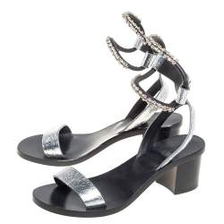 Pre Owned Isabel Marant Silver Crackle Leather Crystal Embellished Ankle Strap Sandals Size 37