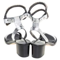 Pre Owned Isabel Marant Silver Crackle Leather Crystal Embellished Ankle Strap Sandals Size 37