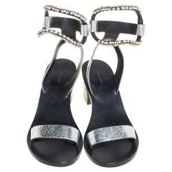 Pre Owned Isabel Marant Silver Crackle Leather Crystal Embellished Ankle Strap Sandals Size 37