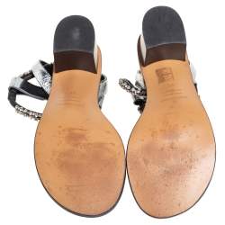 Pre Owned Isabel Marant Silver Crackle Leather Crystal Embellished Ankle Strap Sandals Size 37