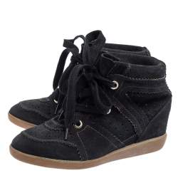 Pre Owned Isabel Marant Black Perforated Suede Etoile Wedge Sneakers Size 37