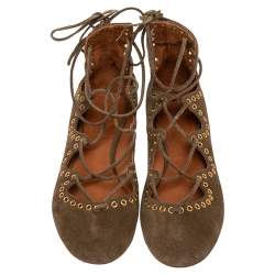 Pre Owned Isabel Marant Brown Suede Leo Eyelet Ankle Wrap Ballet Flats Size 38