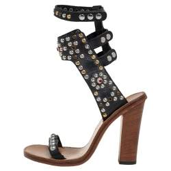 Pre Owned Isabel Marant Black Leather Studded Jaeryn Ankle Strap Sandals Size 37