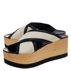 Pre Owned Isabel Marant White/Black Canvas And Leather Zerry Platform Wedge Slide Sandals Size 39