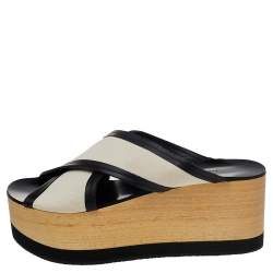 Pre Owned Isabel Marant White/Black Canvas And Leather Zerry Platform Wedge Slide Sandals Size 39