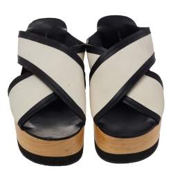 Pre Owned Isabel Marant White/Black Canvas And Leather Zerry Platform Wedge Slide Sandals Size 39