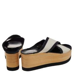 Pre Owned Isabel Marant White/Black Canvas And Leather Zerry Platform Wedge Slide Sandals Size 39