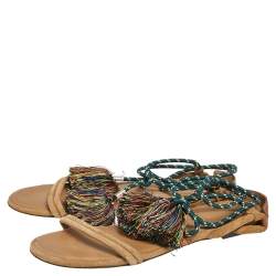 Pre Owned Isabel Marant Beige Suede and Leather Ankle Wrap Open Toe Flats Size 39