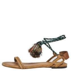 Pre Owned Isabel Marant Beige Suede and Leather Ankle Wrap Open Toe Flats Size 39