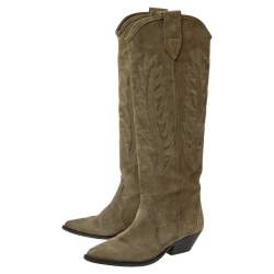 Pre Owned Isabel Marant Taupe Embroidered Suede Denzy Knee Length Boots Size 38
