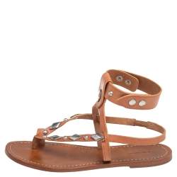 Pre Owned Isabel Marant Tan Studded Leather Ankle Strap Flat Sandals Size 39