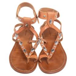 Pre Owned Isabel Marant Tan Studded Leather Ankle Strap Flat Sandals Size 39