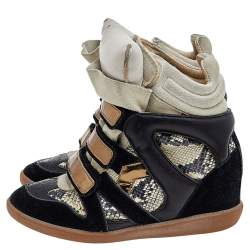 Pre Owned Isabel Marant Black/Grey Suede and Python Embossed Leather Beckett Wedge Sneakers Size 38
